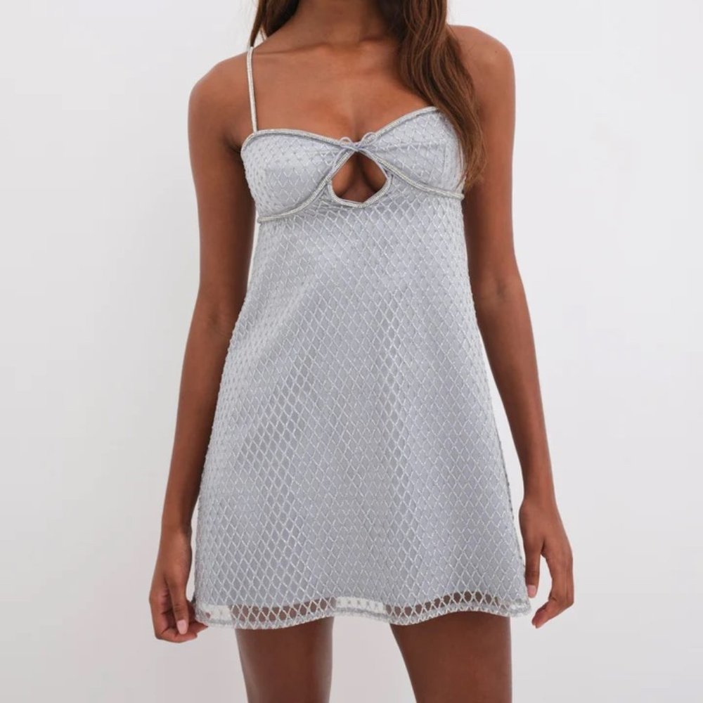 For Love and Lemons Silver Glitter Slip Dress Size S